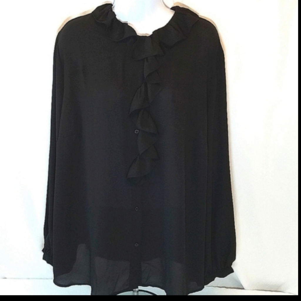 Nili Lotan Women's Black Ruffle Button Long Sleeve Blouse Plus Size 1x